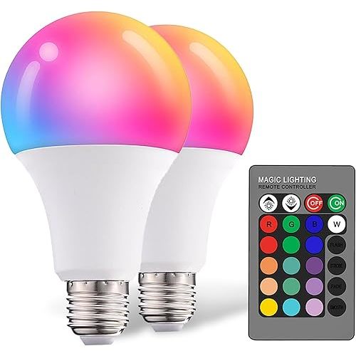 Droiee Dimmable E26 Warm LED Light Bulb, 6W RGBW Color 500LM with 16 Color Changing Modes for Christmas, Party etc with Remote Control 2 Pack