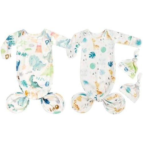 Newborn Knotted Gown Nightgown Soft Sleeper Gown with Hat Set for Baby Boy or Girl-2 Pieces