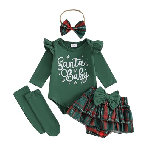 Ayalinggo My First Christmas Baby Girl Outfit Newborn Santa Baby Romper Plaid Skirt Headband Infant Fall Winter Xmas Clothes