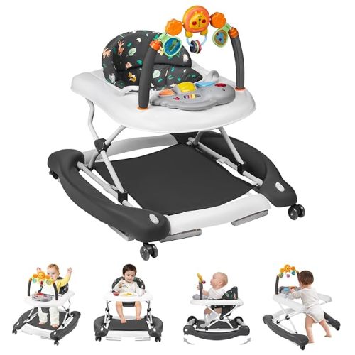 Baby Walker, 5 in 1 Baby Walkers for Boys Girls 6-12 Months, Foldable Walkers for Babies with Bouncer & Feeding Tray, Music, Adjustable Heights, Activity Walker for Infant