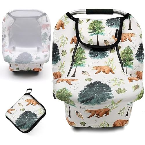 ACRABROS Car Seat Covers for Babies,All Season Infant Carseat Cover Canopy for Boys and Girls,Super Stretchy Adjustable Peeping Window with Mesh Cover,Warm Breathable Universal Fit,Forest Bear