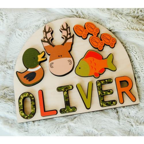 Sportsman name puzzle with deer, mallard duck and fish for kids. Great gift idea for baby shower, birthday or learning tool.