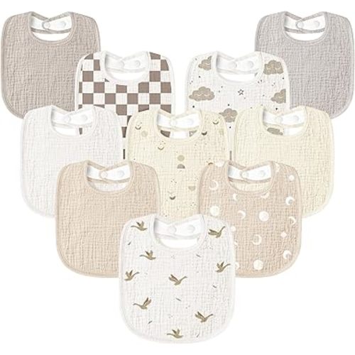 Susurration Muslin Baby Drool Bibs 10Pack Soft Square Adjustable Bandana Bibs for Unisex Baby Girls & Boys