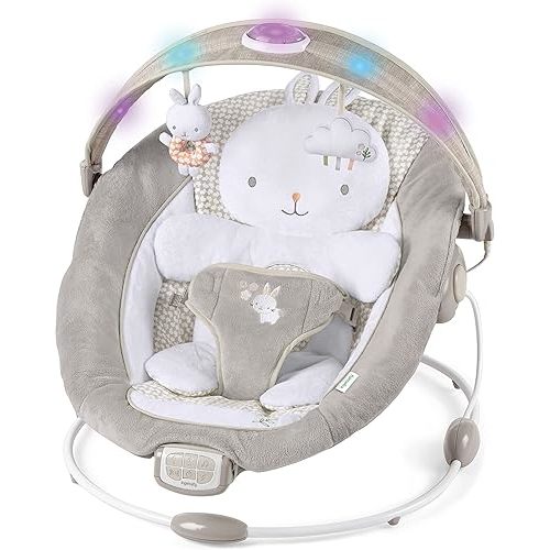 Ingenuity InLighten Baby Bouncer Infant Seat with Light Up -Toy Bar, Vibrations, Tummy Time Pillow & Sounds, 0-6 Months Up to 20 lbs (Twinkle Tails Bunny)
