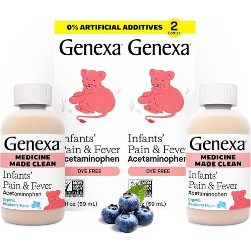 Genexa Infants’ Clean Pain & Fever Acetaminophen, Dye Free, 0% Artificial Additives, Delicious Organic Blueberry Flavor, Liquid Oral Suspension Medicine for Baby, 160 mg per 5mL, 4 fl oz (2 Pack)