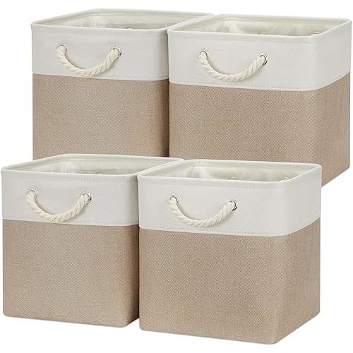Temary 4 Pack Cube Storage Bins Cloth Baskets for Shelf, Fabric Storage Cubes 12 x 12 Basket Gift Empty Baskets with Handles, Bins for Storage (White&Khaki)