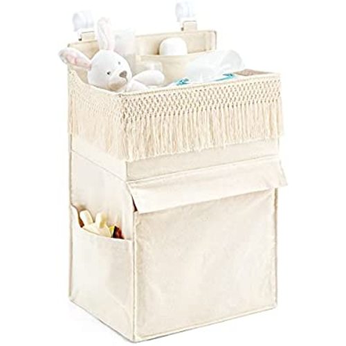 Mkono Diaper Organizer Caddy Macrame Hanging Baby Diaper Storage for Crib Changing Table Baby Essentials Bag Boho Decor Diaper Stacker Holder for Nursery Bedroom, Newborn Gift, Ivory