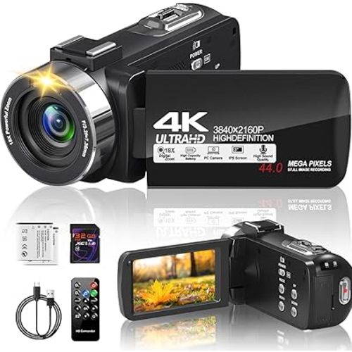MiyoSavor4K Video Camera Camcorder 44MP 30FPS with IR Night Vision,18X Digital Zoom Camera Recorder 3.0 Inch 270 Degree Rotation Screen for YouTube with Remote Controller, 2 Batteries, 32GB SD Card