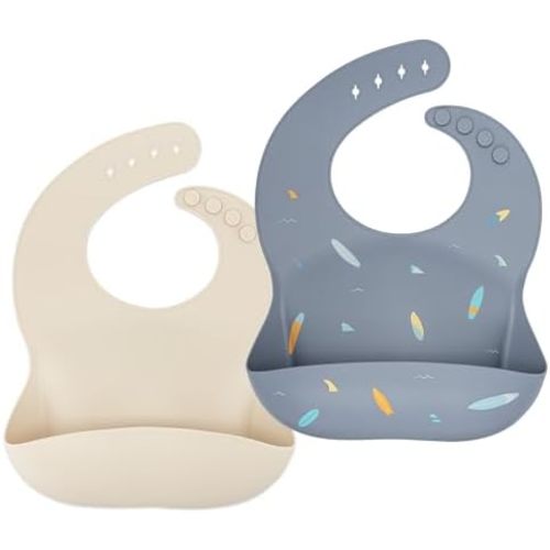Waterproof Silicone Bib Set with Adjustable Neck Closure - Durable Silicone Bibs for Babies - Set of 2