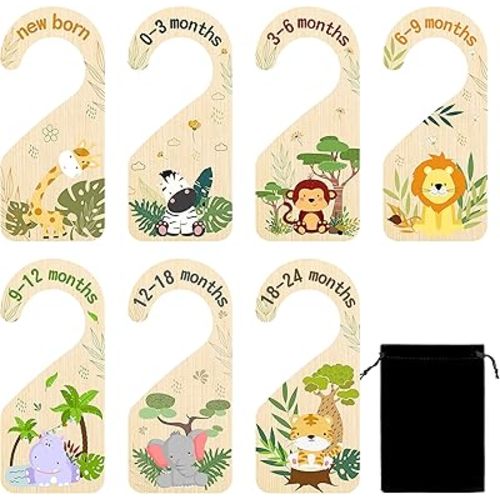 R HORSE 8Pcs Safari Baby Closet Dividers Double Sided Baby Closet Organizers Nursery Hanger Dividers Wood Baby Closet Size Dividers for Baby Boy Girls Baby Shower Birthday Gift Christmas (0-24 Months)