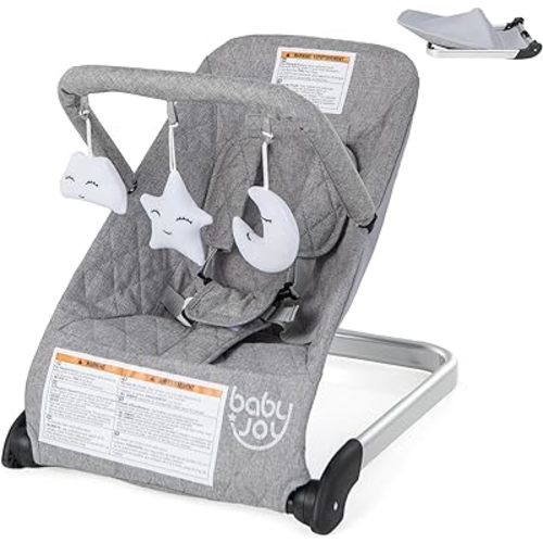BABY JOY Baby Bouncer, Foldable Baby Bouncer Seat with 5-Point Safety Harness, Removable Fabric Cover & 3 Plush Toys, Portable Infant Bouncer for Babies 0-6 Months (Light Grey)
