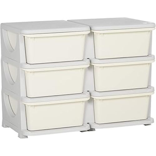 Qaba 3 Tier Kids Storage Unit, 6 Drawer Chest Toy Organizer Plastic Bins for Kids Bedroom Nursery Kindergarten Living Room for Boys Girls Toddlers, Cream