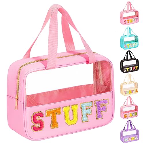 eurovicky Chenille Letter Patch Clear Makeup Bag, Preppy Nylon Makeup Bag with Handle and Zipper, Waterproof Large Clear Travel Toiletry Bag Storage Bag for Women (Sweet Pink-STUFF)