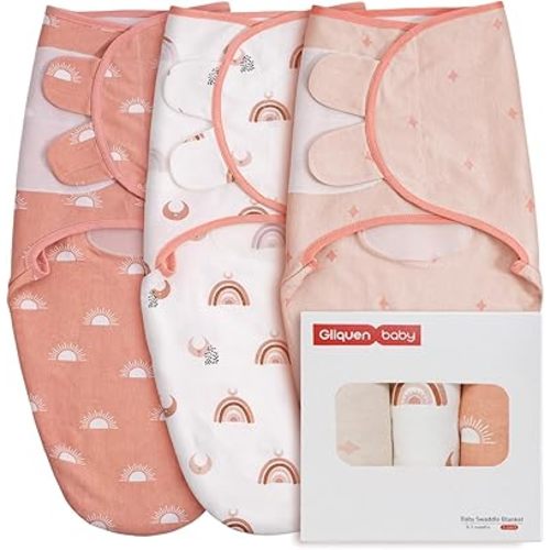 GLLQUEN BABY 3-Pack Organic Baby Swaddle Sleep Sacks for Newborn - Baby Swaddles 0-3 Months, Newborn Swaddling Sack, Rainbow & Sun, Infant Swaddle Blanket Wrap (Small/Medium)
