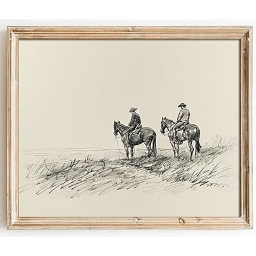 Kizbok Neutral Western Decor Wall Art Prints, Vintage Cowboys on Horses Sketch Canvas Prints Antique Horse Oil Painting, Rustic Country Art Pictures for Bedroom, Farmhouse Wall Decor for Bathroom Home(8" x 10"-UNFRAMED)
