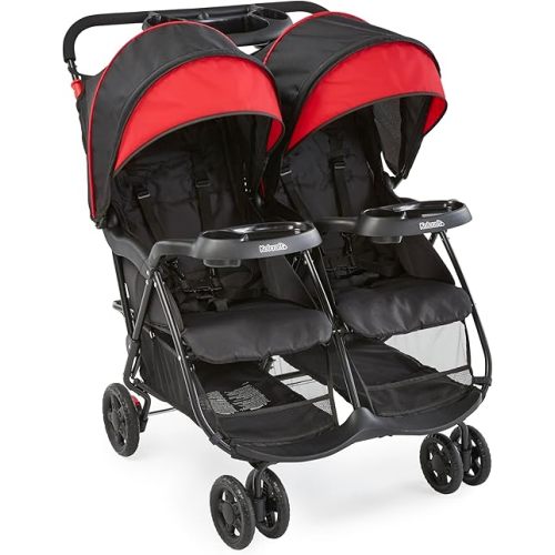 Kolcraft Cloud Plus Side-by-Side Lightweight Double Toddler and Baby Stroller with Reclining Seats, Child and Parent Trays, Large Storage, Extendable Canopies, Compact Fold - Red/Black