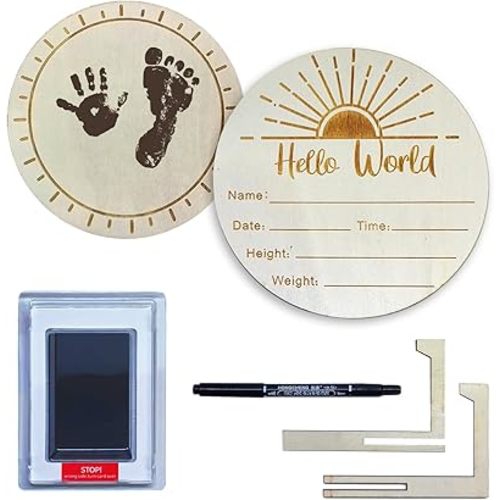 Tiny pets Welcome Baby Sign - Wooden Hello World Newborn Announcement Board with Stand, Ink Pad & Pen - Hospital Birth Announcement Sign for Baby Name, Date & Footprints