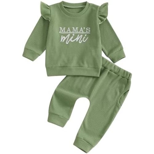 Newborn Baby Girl Fall Winter Waffle Outfit Clothes Ruffle Long Sleeve Mama Mini Sweatshirt Pants Sweatsuits