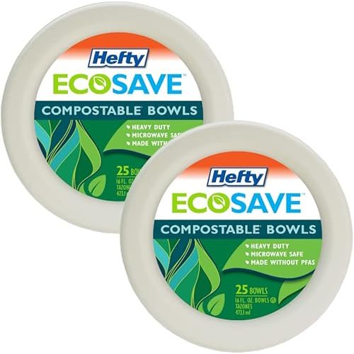 Hefty EcoSave Disposable Bowls, Made from Plant Based Materials, Heavy Duty & Microwave Safe Paper Bowls, 25 Disposable Bowls Per Pack, 16 oz Each (Pack - 2)