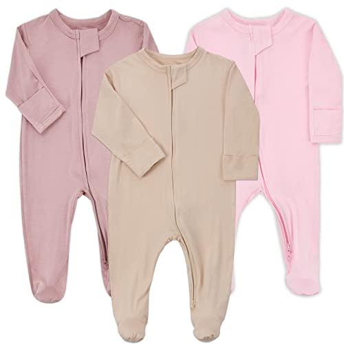 Aablexema Baby Zipper Pajamas Bamboo Rayon, 3pcs Unisex Infant Onesie with Mitten Long Sleeve Footed Pjs