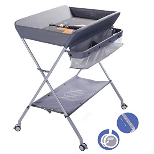 Baby Portable Folding Diaper Changing Station with Wheels, Adjustable Height Mobile Nursery Organizer with Safety Belt & Large Storage Racks, Newborns & Infant, Gray 1 Count (Pack of 1)