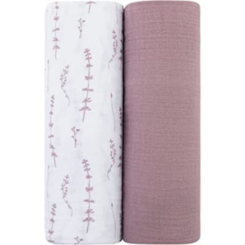 Ely's & Co. Muslin Swaddle Blanket 2-Pack — 100% Cotton Muslin Extra-Large Swaddle Blankets (47” x 47”) Solid + Printed (Delicate Leaves + Solid Lavender)