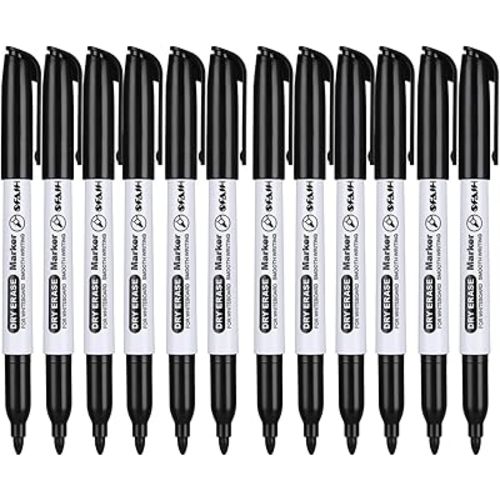 SFAIH Fine Tip Dry Erase Markers - 12 Pack Black Whiteboard Erasable Markers Bulk for Kids Adults, Ideal for Classroom School Office Home Use on White Board, Non-Toxic Easy Clean