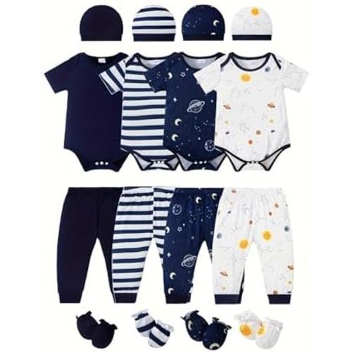 NZRVAWS Newborn Baby Boy Girl Clothes Unisex Infant Romper Pants Set Hat 4-Pack Outfits 0-12 Months 16 Pieces Toddler