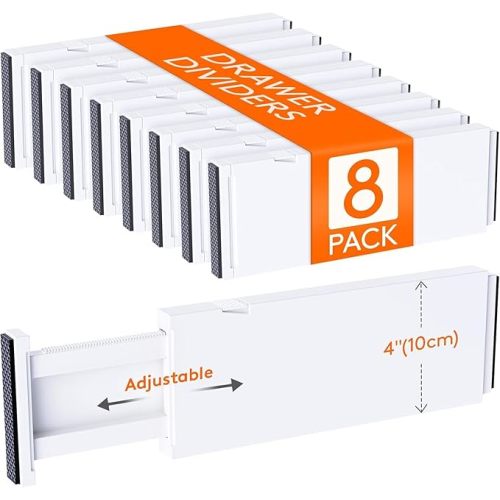 Lifewit 8 Pack Drawer Dividers 4" High,11-17" Adjustable Dresser Drawer Organizers for Clothes, Expandable Dresser Separators in Bedroom/Bathroom/Kitchen/Vanity/Office Organization and Storage, White