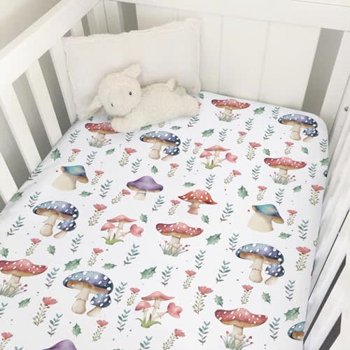 Watercolor Mushroom Forest Baby Crib Sheets 52''x28'' Colorful Mushroom Floral Leaves Snug Fitted Crib Mattress Cover for Boy Girl Woodland Fantasy Soft Nursery Bed Toddler Mattresses Sheets