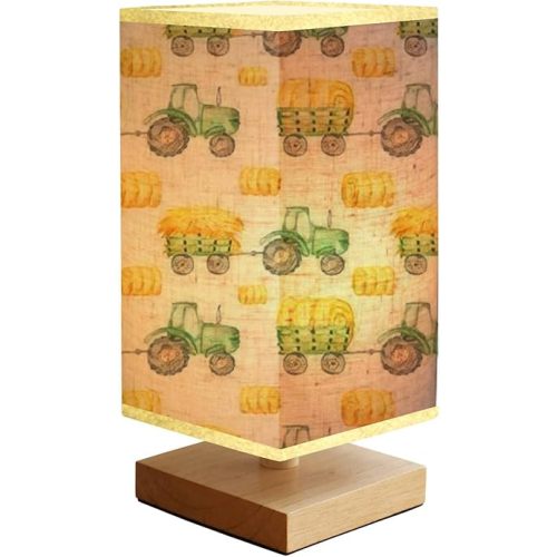 Bedside Lamps Watercolor Seamless with Tractor Harvest Haystacks Reading Nightstand Lamp, Minimalist Wood Base Rectangular Fabric Shade Table Lamp for Bedroom Living Room, Multicolor