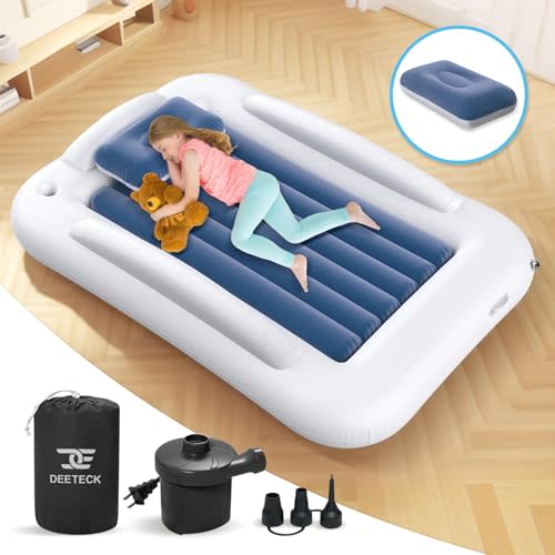 Deeteck Inflatable Toddler Travel Bed - 60 Inches Portable Toddler Bed for Travel with Safety Sides - Cozy Kids Air Mattress Set with High-Speed Pump & Carry Case - Lightweight & Easy to Inflate -Blue