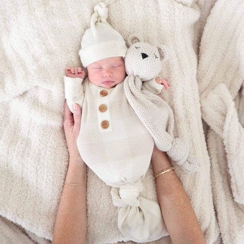 Bamboo Waffle Newborn Baby Knot Gown & Hat Set - Big Check Sand