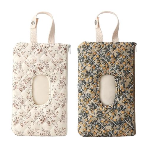 Quilted Baby Wipe Holder Quilted Wipe Pouch Portable Hanging Floral Wet Wipes Bag for Car, Stroller