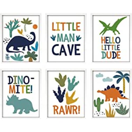 ArtbyHannah 6 Pack 8x10 Inch Framed Nursery Wall Art Decor with White Picture Frames and Decorative Watercolor Dinosaurs Art Prints for Kids Room, Playroom, Nursery Room Decoration, Dino Room Decor