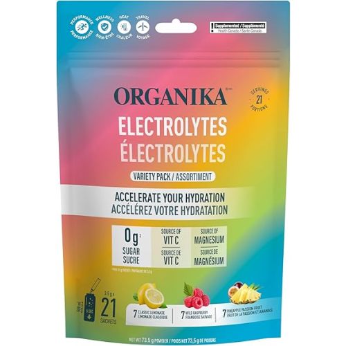 Organika Canadian-Made Electrolytes Powder - Variety Pack Sachets (Raspberry/Lemonade/Pineapple) On-the-Go Sugar-Free Hydration and Electrolyte Replenishment with Prebiotics and Vitamin C, 3.5g x 20ct