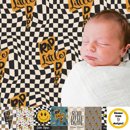 Rad Little Dude Lightning Bolt Checker Blanket - Cool Nursery Skater Throw for Boys, Toddler, Baby Shower Gift, Daycare, Long Live Boyhood