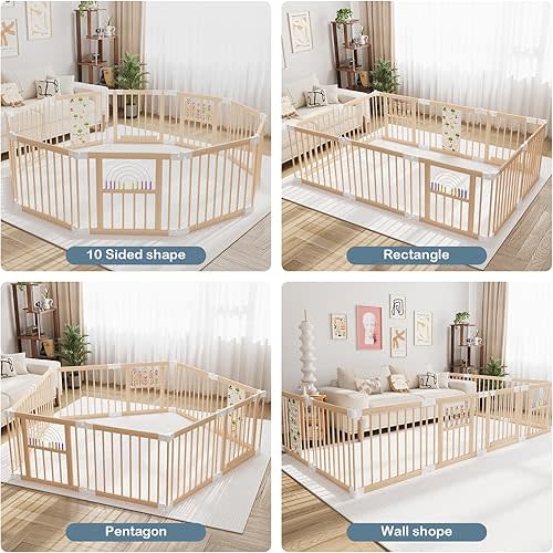 Foldable Wooden Baby Playpen Activity Center,Adjustable Size & Shape Portable Play Yard, Baby Fence Play Area with Gate for Indoor Use for Babies and Toddlers(82x55x24inches)
