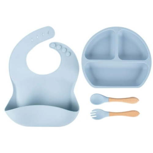 4PCS/Set Pack Silicone Baby Feeding Set Baby Led Weaning Supplies Includes Suction Divided Plates Soft Bowl Spoons Forks Adjustable Bib Snack Cup and Straws for Baby