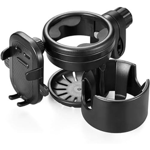 Stroller Cup Holder with Phone Holder, 360 Rotating Phone Clamp Water Bottle 3-in-1 Universal Cup Holder for Stroller, Bike, Wheelchair, Walker, Scooter