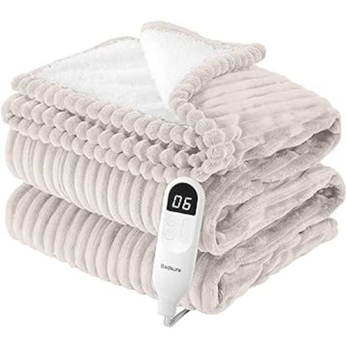 Bedsure Heated Blanket Electric Twin - Soft Ribbed Flannel, Fast Heating Electric Blanket with 6 Heating Levels & 10 Time Settings, 8 Hours Auto-Off (62x84 inches, Cream)
