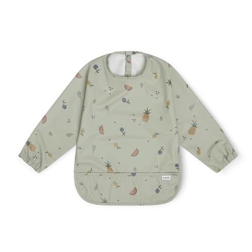 Lalo Smock Bib - Long Sleeve Baby Bib, Elastic Cuffs for Comfort, Large Catch-All Pocket, Waterproof Recycled Polyester - Durable Baby Smock Bib for Mealtime - Ages 6-24 Mo. - Fruit Print Sage