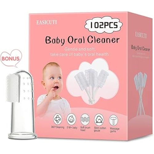 102PCS Baby Tongue Cleaner,Baby Oral Cleaner Newborn Baby Toothbrush,Disposable Infant Toothbrush Clean Baby Mouth,Gauze Gum Cleaner Stick Dental Care for 0-36 Month Baby+1 Finger Toothbrush with Case