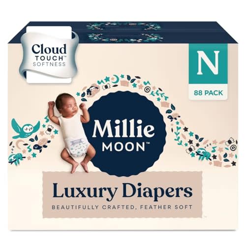 Millie Moon Luxury Diapers - Size Newborn (<9lbs), 88 Count, CloudTouch Ultra Soft Diapers, Up to 12hr Absorbency, Double Leak Guard and Wetness Indicator