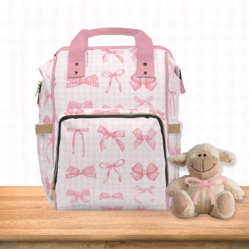 Coquette Diaper Backpack Bag Pink Ribbon Bows Gingham Multi-Purpose Girly Coquettecore Everyday Travel Backpack Diaper Tote & Baby Gear