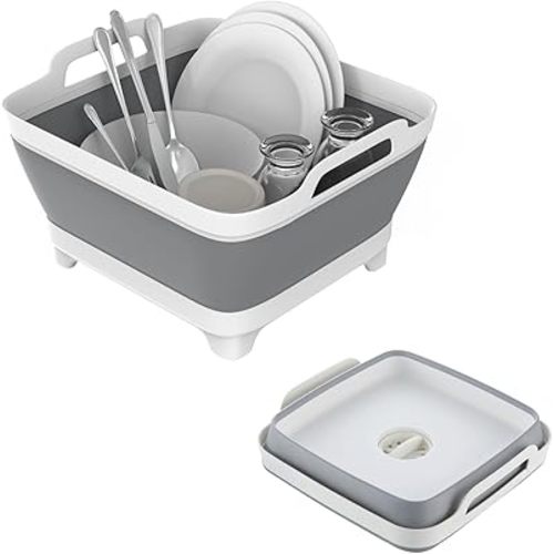 Dishpan, 9L Collapsible Washing Basin (Gray, PP, TPR), Portable Dish Tub with Drain Plug, Space-Saving Drying Rack for Kitchen, Camping, Laundry use