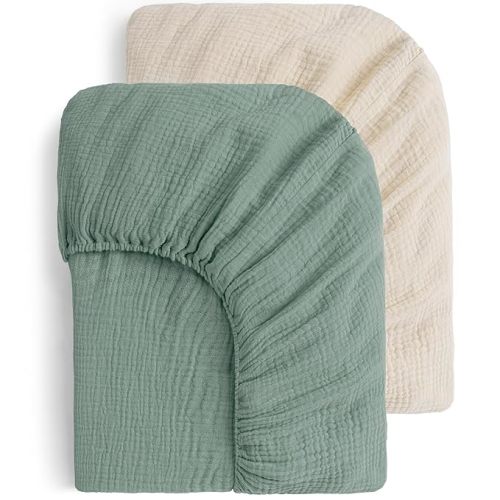 Yoofoss Muslin Crib Sheets for Boys Girls 100% Cotton Fitted Baby Crib Sheet 2 Pack Soft and Breathable for Standard Crib Mattress & Toddler Mattress 52"x28" Apricot&Green