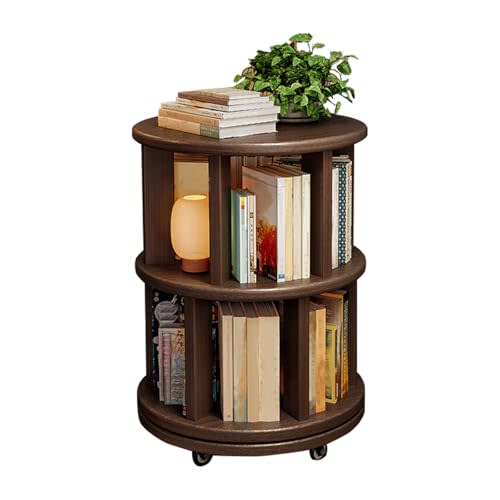 2 Tier Bookshelf Tower, 360° Solid Wood Spinning Bookcase with Swivel Wheels, Floor Standing Book Shelf for Small Space, Bookshelf for Home Office Study Room Bedroom Living Room