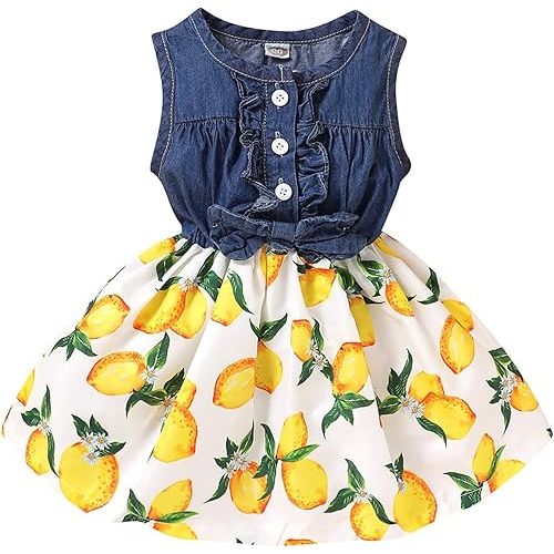Kucnuzki Toddler Girl Outfits Baby Sunflower Princess Dresses Denim Summer Sleeveless Clothes Jean Tutu Skirts for Girls