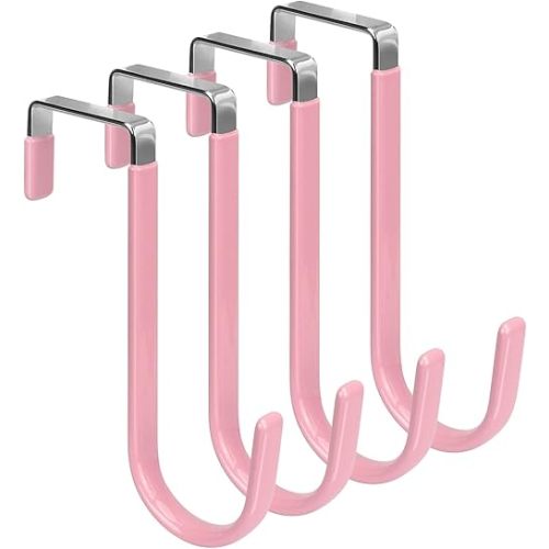 FYY Over The Door Hooks, 4 Pack Door Hangers Hooks with Rubber Prevent Scratches Heavy Duty Organizer Hooks for Living Room, Bathroom, Bedroom Hanging Clothes, Towels, Hats, Coats, Bags Pink
